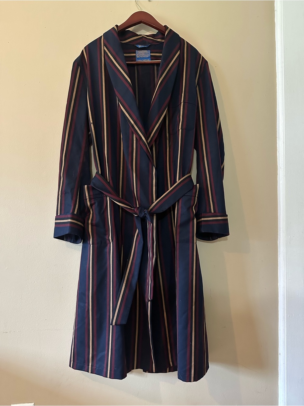 Pendleton Virgin Wool Navy Striped Robe Housecoat, Sz Men’s L, Women’s XL